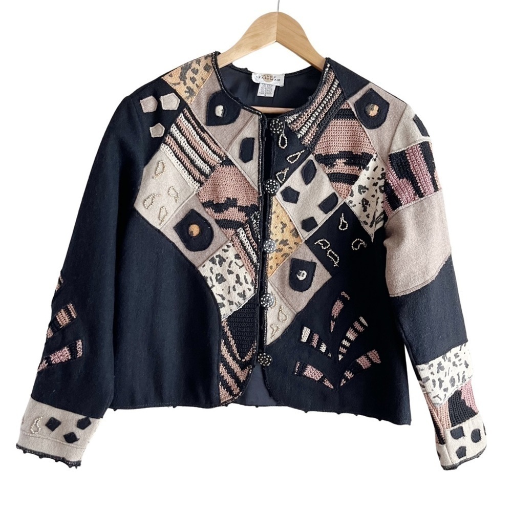 Sandy Starkman Vintage 80’s Wool Patchwork Art to Wear‎ Crop Jacket Black Tan, S